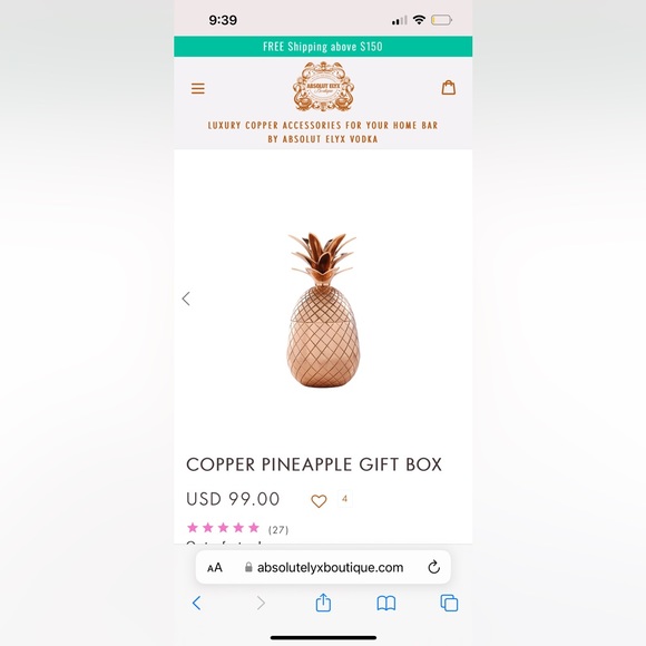 Absolut Elyx Copper Pineapple Drinking Vessel Cup in Gift Box - SOLD OUT ONLINE! - Picture 13 of 15